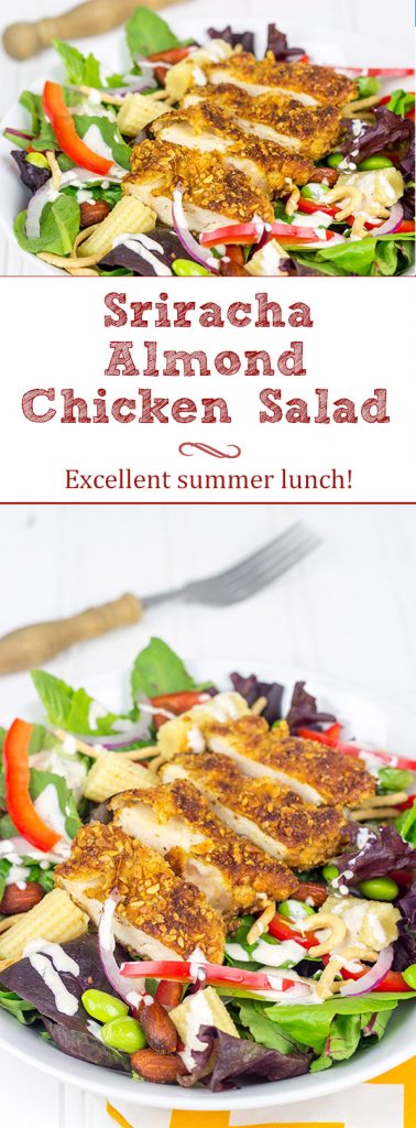 Topped with sriracha almond-encrusted chicken and a sriracha ranch dressing, this Sriracha Almond Chicken Salad makes for a tasty summer lunch!