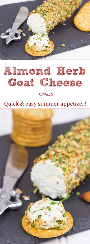 Rolled in chopped almonds and fresh herbs, this Almond Herb Goat Cheese makes for a quick and tasty summer snack!