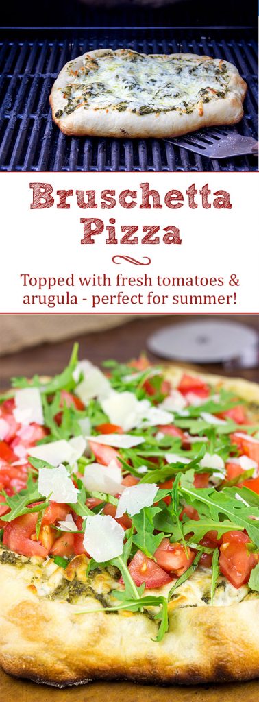 Brushed with pesto and then topped with fresh tomatoes and arugula, this Bruschetta Pizza is a delicious summer meal!