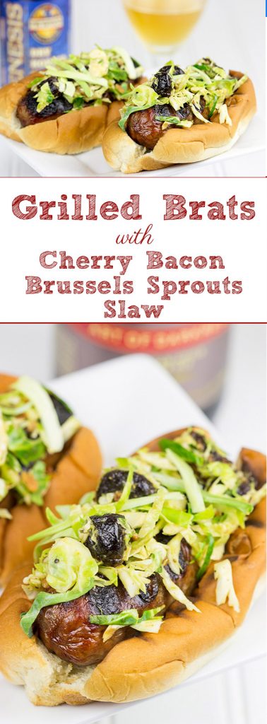 Grilled brats are a summertime classic! Turn up the flavor by topping 'em with this tasty Cherry Bacon Brussels Sprout Slaw!
