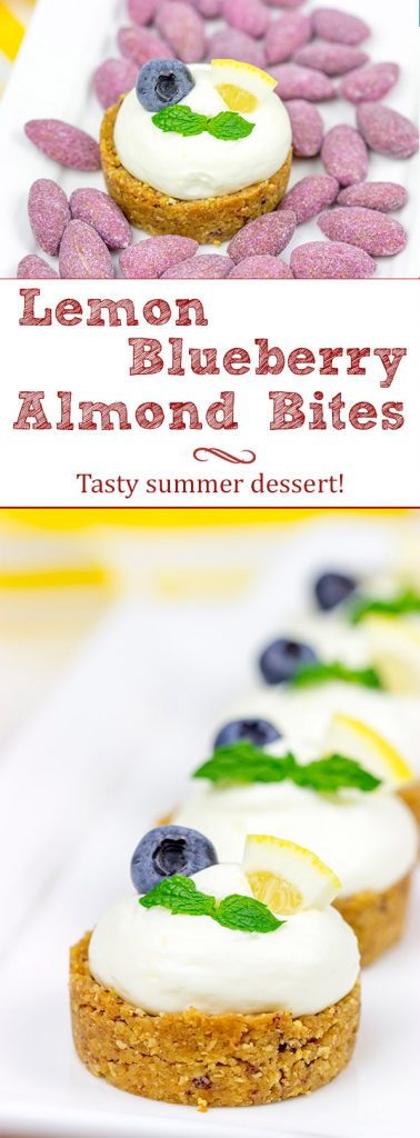 Featuring a blueberry almond crust topped with a light lemon cream, these Lemon Blueberry Almond Bites make for a great summer dessert!