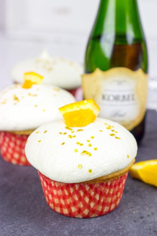 Topped with a festive champagne buttercream, these Mimosa Cupcakes are an excellent way to ring in the new year!
