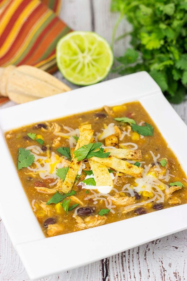 Grab a hot bowl of this Chicken Enchilada Soup for lunch (or dinner) today...it's the perfect way to warm up on these cold winter days!