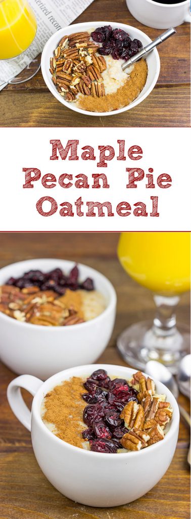 Seasoned with cinnamon, pecans and a few dried cranberries, this Maple Pecan Pie Oatmeal is perfect for chilly Autumn mornings!