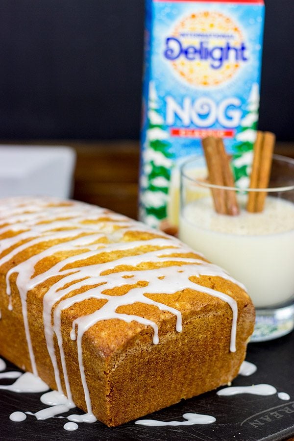 Celebrate the holidays with a slice of Eggnog Pound Cake and a mug of hot chocolate!