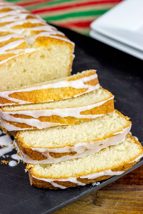 Celebrate the holidays with a slice of Eggnog Pound Cake and a mug of hot chocolate!