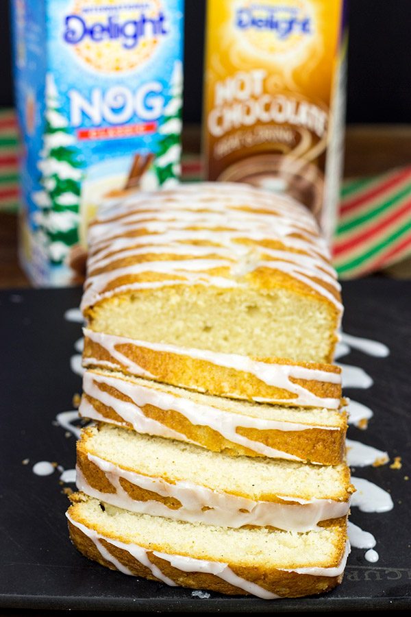 Celebrate the holidays with a slice of Eggnog Pound Cake and a mug of hot chocolate!
