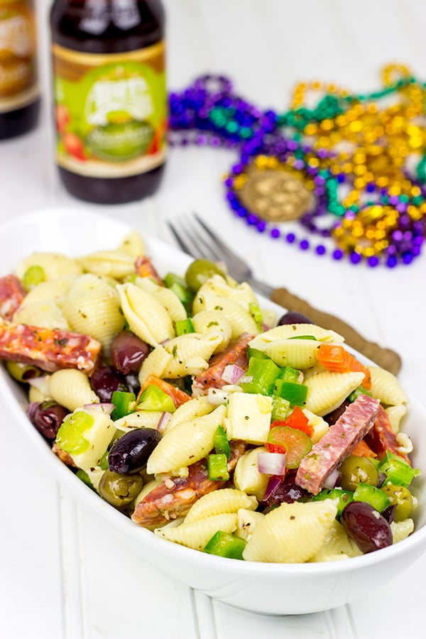 Grab some beads and celebrate Mardi Gras with this tasty Muffaletta Pasta Salad!