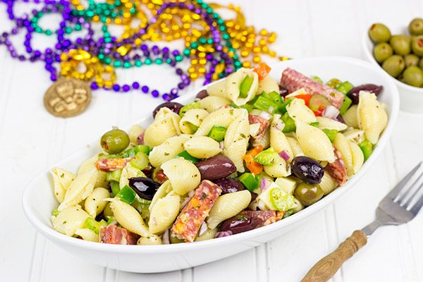 Grab some beads and celebrate Mardi Gras with this tasty Muffaletta Pasta Salad!