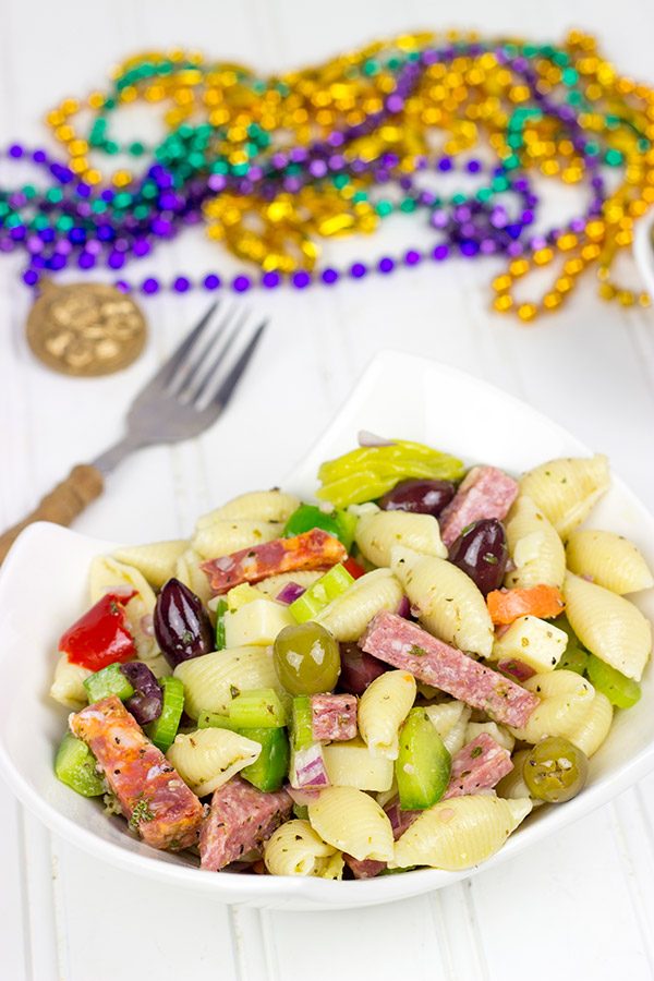 Grab some beads and celebrate Mardi Gras with this tasty Muffaletta Pasta Salad!