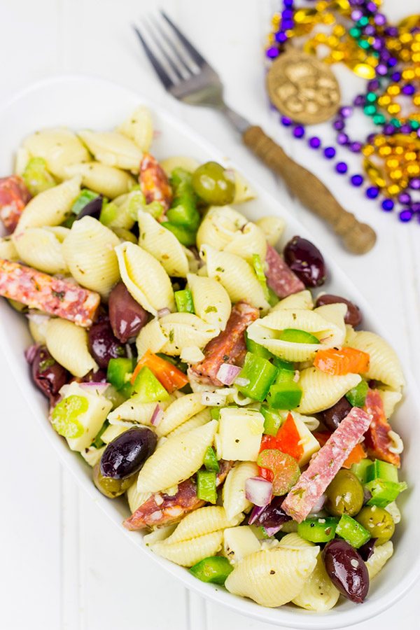 Grab some beads and celebrate Mardi Gras with this tasty Muffaletta Pasta Salad!