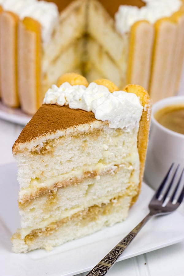 Featuring layers of white cake brushed with coffee and a hint of rum, this Tiramisu Cake is a new favorite in our house!
