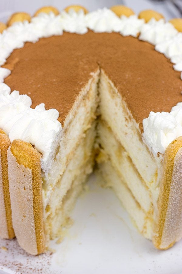 Featuring layers of white cake brushed with coffee and a hint of rum, this Tiramisu Cake is a new favorite in our house!