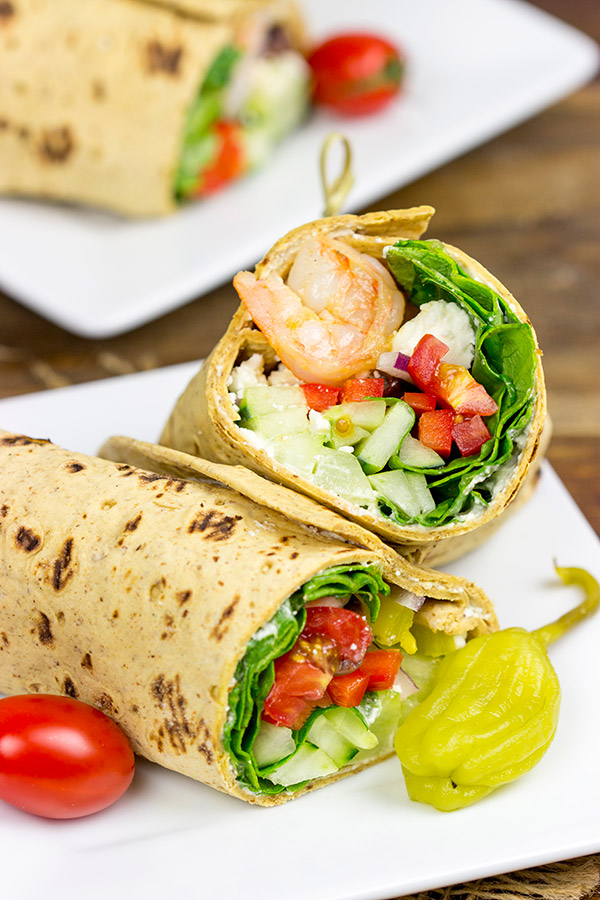 Wrap up dinner tonight with these tasty Greek Salad Wraps with Shrimp!