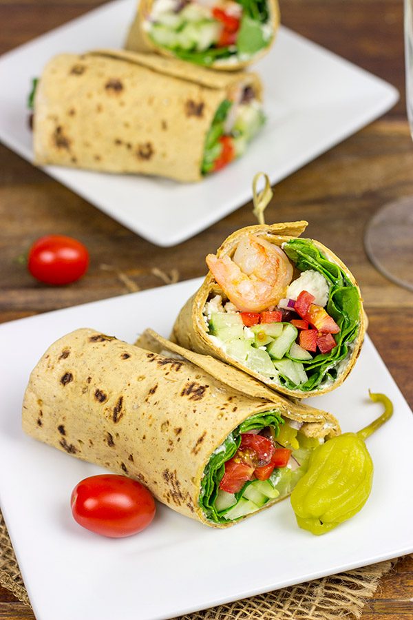 Wrap up dinner tonight with these tasty Greek Salad Wraps with Shrimp!