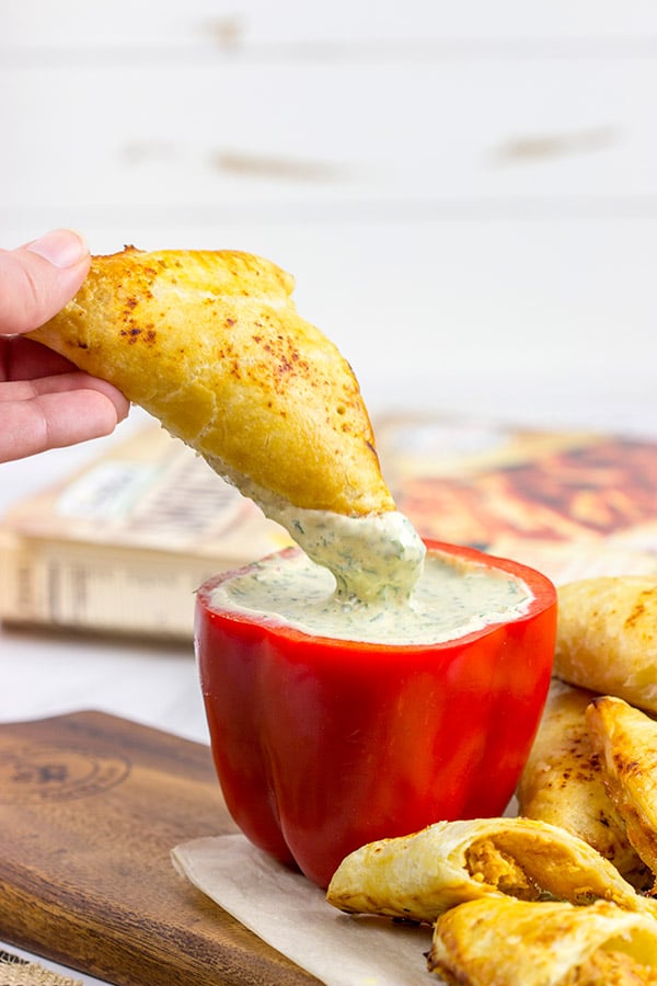 These BBQ Chicken Pockets with Creamy Cilantro Dip are perfect for summer entertaining!