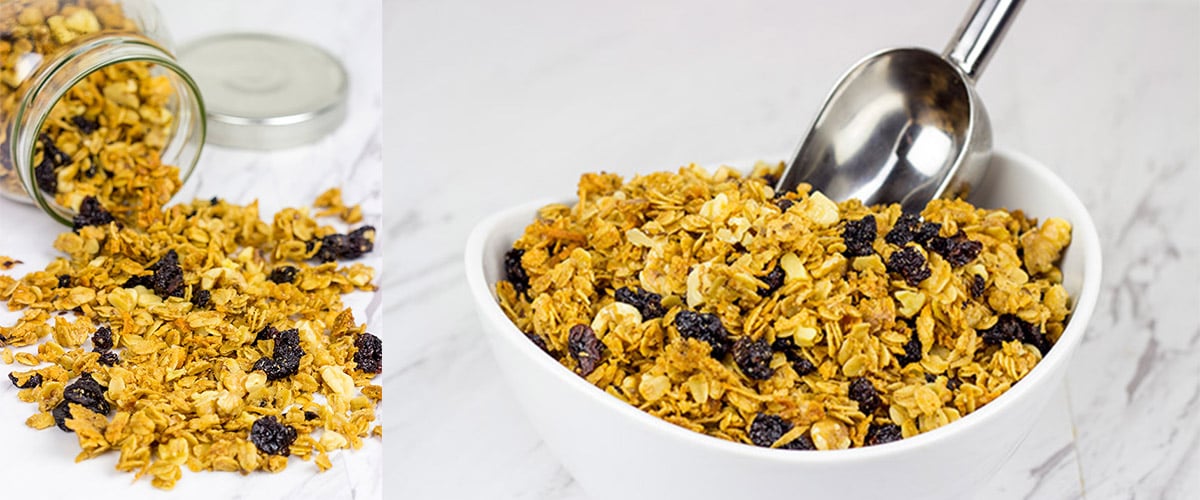 Weekdays always begin with a bowl of Greek yogurt topped with homemade granola. This Cherry Walnut Granola is a tasty way to get your day started!