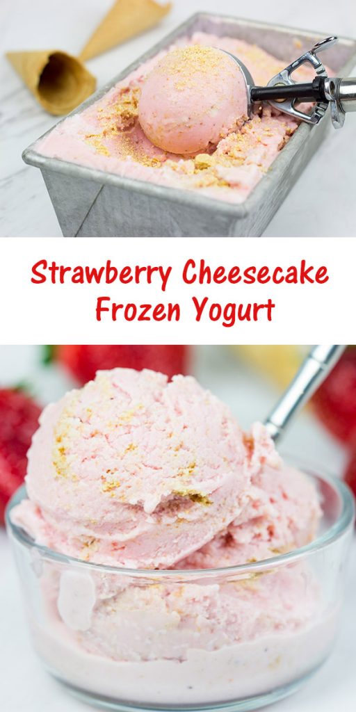 Fresh strawberries blended with cream cheese and yogurt, this Strawberry Cheesecake Frozen Yogurt is the perfect treat for summer evenings on the back porch!