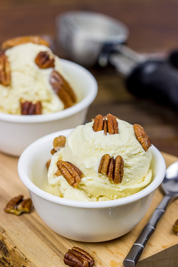Topped with chopped, candied pecans, this Butter Pecan Ice Cream is a classic ice cream flavor!