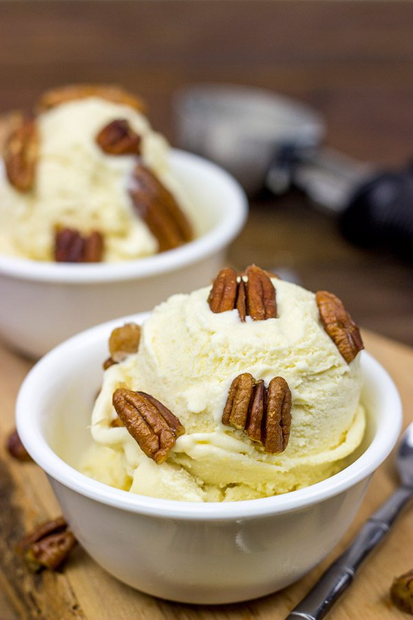 Topped with chopped, candied pecans, this Butter Pecan Ice Cream is a classic ice cream flavor!
