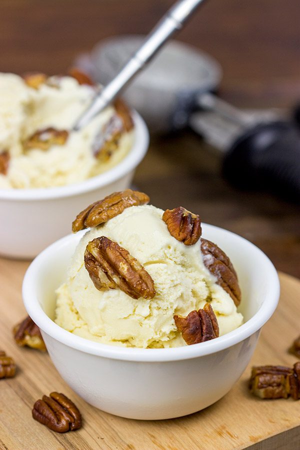 Topped with chopped, candied pecans, this Butter Pecan Ice Cream is a classic ice cream flavor!