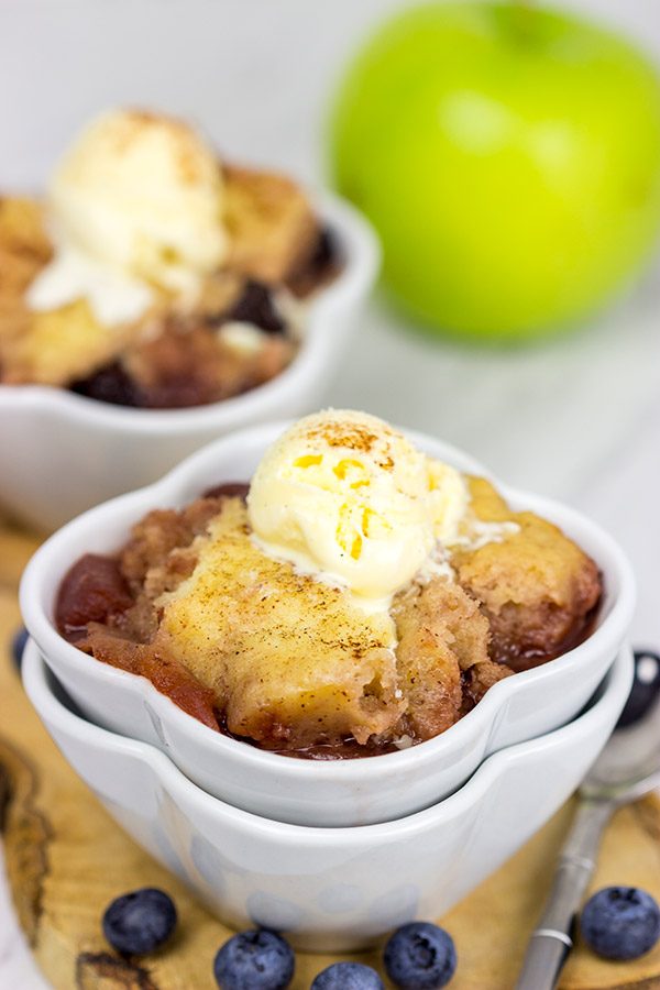 Slow cooker season is here! Whip up this easy Slow Cooker Blueberry Apple Cobbler for dessert tonight!