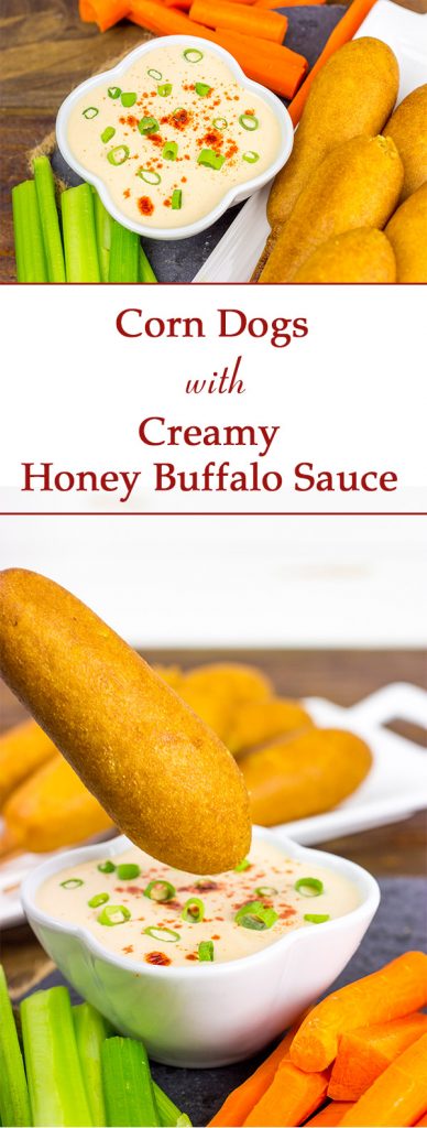 Food on a stick always tastes better! These Corndogs with Creamy Honey Buffalo Sauce are quite tasty!