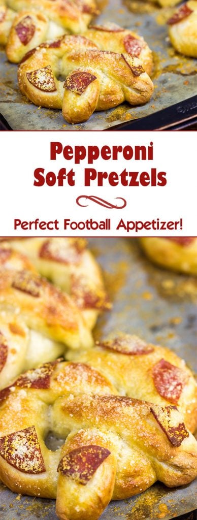 Soft, chewy homemade pretzels topped with tasty pepperoni...these Pepperoni Soft Pretzels make for an excellent appetizer while watching the big game!