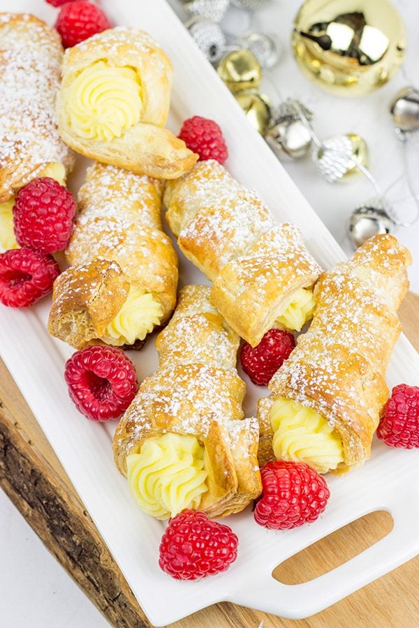 These White Chocolate Raspberry Cream Horns are a fun sweet treat to serve during the holidays!