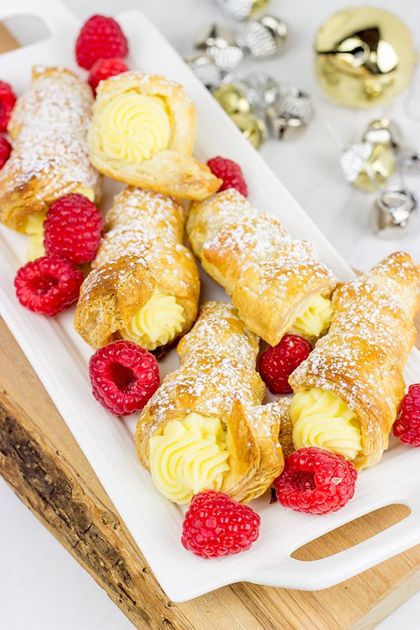 These White Chocolate Raspberry Cream Horns are a fun sweet treat to serve during the holidays!