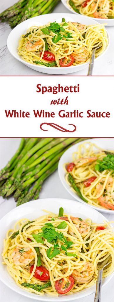 This Spaghetti with White Wine Garlic Sauce is tasty enough for a family feast, or just a casual night sitting by the fireplace!