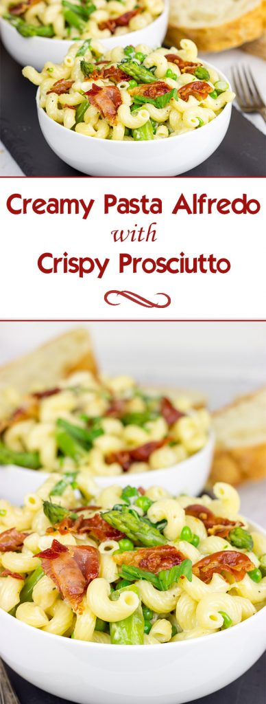 This Creamy Pasta Alfredo is served with asparagus and peas...and topped with crispy prosciutto!