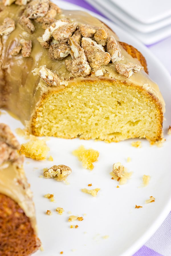 This Pecan Praline Bundt Cake features a warm praline frosting poured over a moist cake. Oh, and there's some sugared pecans in there, too! Enjoy!
