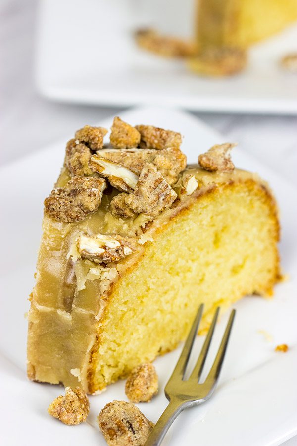 This Pecan Praline Bundt Cake features a warm praline frosting poured over a moist cake. Oh, and there's some sugared pecans in there, too! Enjoy!