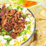 Complete with spicy buffalo chicken, creamy refried beans and crunchy bacon, this 7-Layer Buffalo Chicken Dip is a surefire party favorite!
