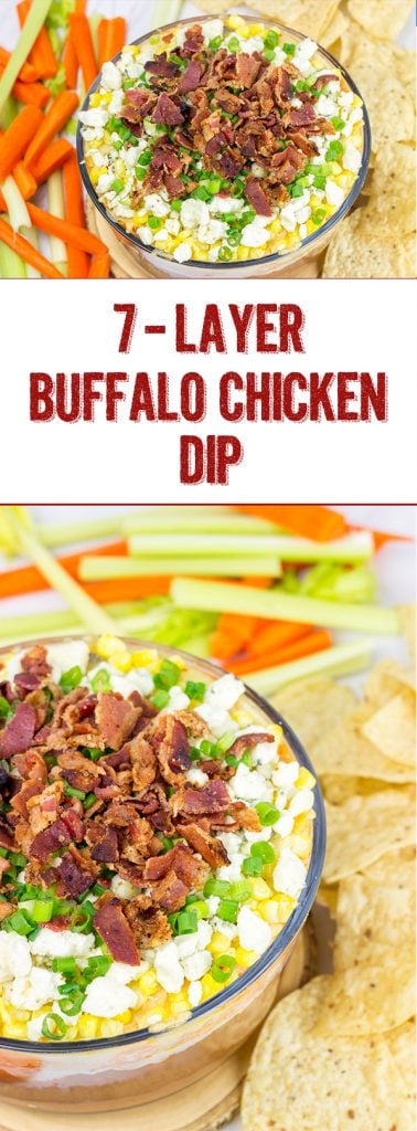 Complete with spicy buffalo chicken, creamy refried beans and crunchy bacon, this 7-Layer Buffalo Chicken Dip is a surefire party favorite!