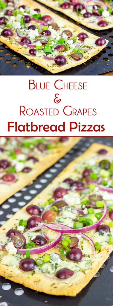 Featuring a sweet + savory combo of red grapes and blue cheese, these Blue Cheese and Roasted Grape Flatbread Pizzas make for an easy gourmet dinner!