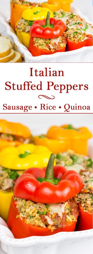Stuffed with quinoa, brown rice and Italian sausage, these Italian Stuffed Peppers are a tasty and filling winter meal!
