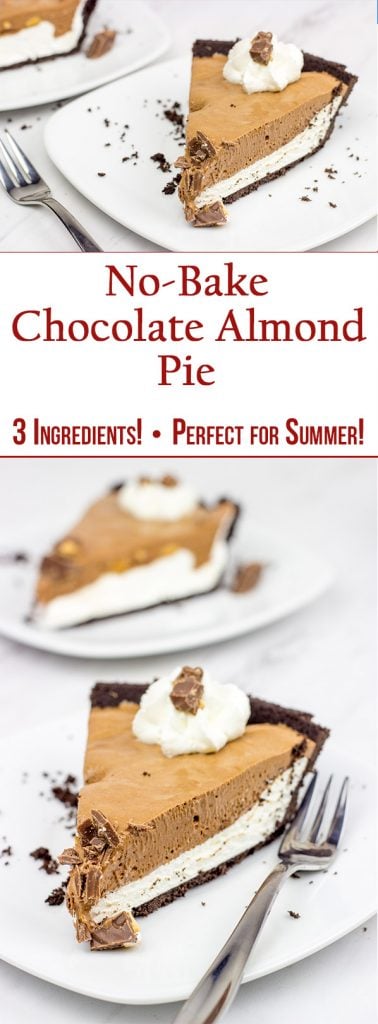 This No Bake Chocolate Almond Pie includes only 3 ingredients, and it's ready in minutes! It's perfect for summer parties!