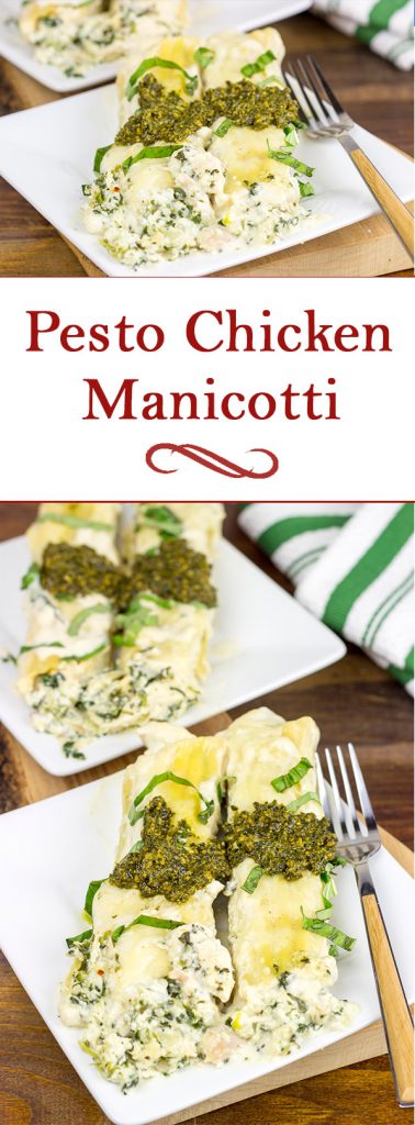 This tasty Pesto Chicken Manicotti is baked in a creamy alfredo sauce and then topped with fresh basil pesto!