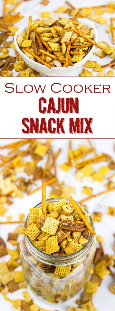 Craving a good snack for this weekend? This Slow Cooker Cajun Snack Mix is an easy and tasty treat!