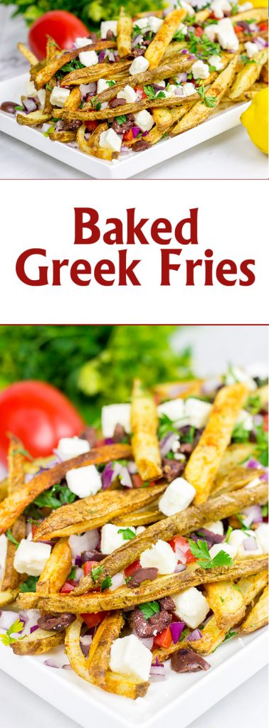 Loaded with feta, tomatoes and olives, these Baked Greek Fries make for one delicious appetizer!