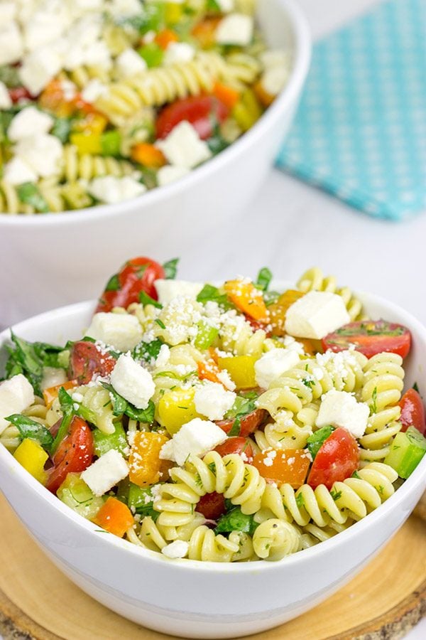 This Confetti Pasta Salad with Lemon Dijon Dressing is the perfect side dish for summer entertaining!