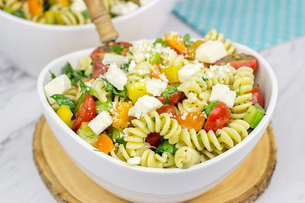 This Confetti Pasta Salad with Lemon Dijon Dressing is the perfect side dish for summer entertaining!