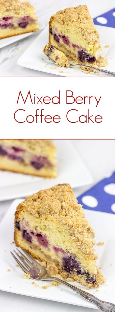 This Mixed Berry Coffee Cake is loaded with blueberries and raspberries for a tasty morning (or night) treat!