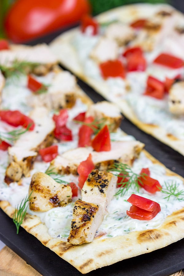 These Grilled Chicken Souvlaki Flatbreads are great for summer appetizers or a light dinner on the back porch!