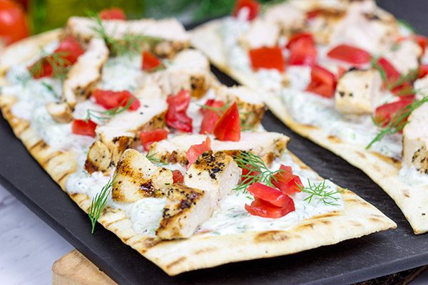 These Grilled Chicken Souvlaki Flatbreads are great for summer appetizers or a light dinner on the back porch!