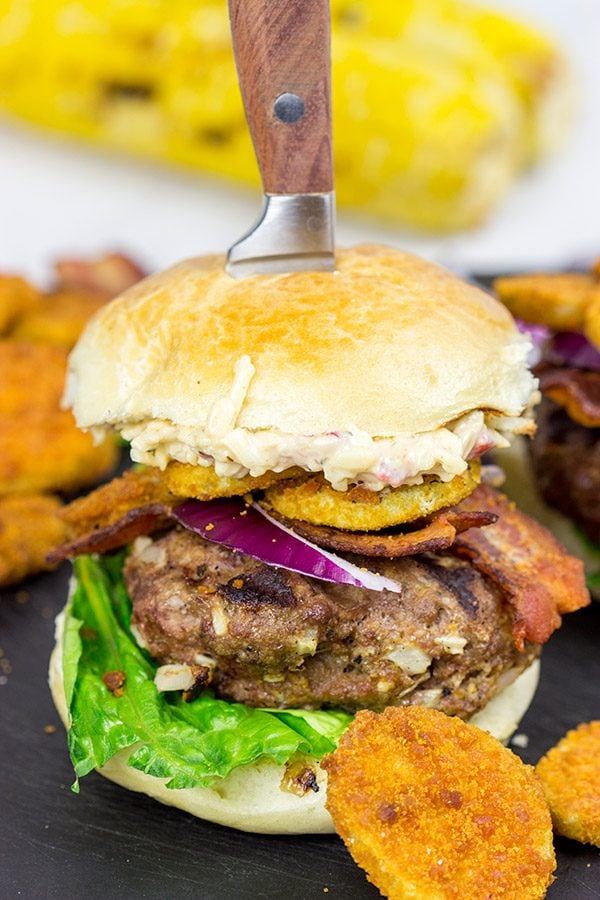 This Southern Burger features both pimento cheese and fried pickles, and it's one delicious way to celebrate summer!