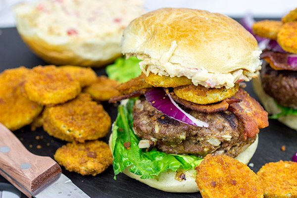 This Southern Burger features both pimento cheese and fried pickles, and it's one delicious way to celebrate summer!