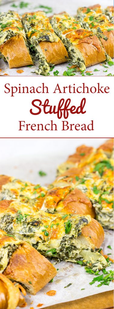 This Spinach Artichoke Stuffed French Bread is a tasty appetizer to serve while watching your favorite sport on tv!